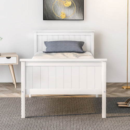 UK Local Wooden Bed Frame With Headboard And Footboard, Pine Wood Bed For Kids Bedroom, Ivory