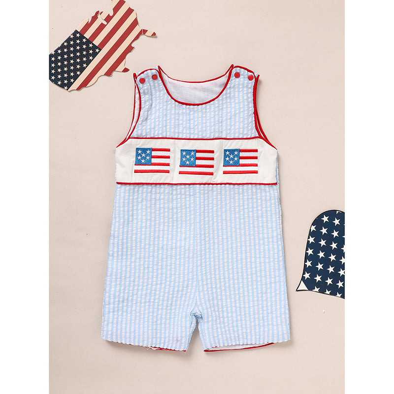 US Local Infant Baby Boy 4th Of July American Flag Smocked Romper Summer Sleeveless Jumpsuit For Independence Day & Memorial Day Celebrations