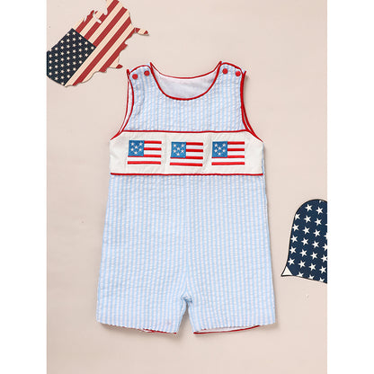 US Local Infant Baby Boy 4th Of July American Flag Smocked Romper Summer Sleeveless Jumpsuit For Independence Day & Memorial Day Celebrations