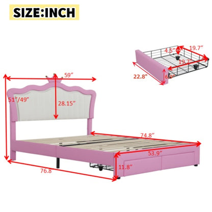 US Local Full Size Upholstered Bed Frame With LED Lights, Modern Upholstered Princess Bed With Crown Headboard, 2 Drawers