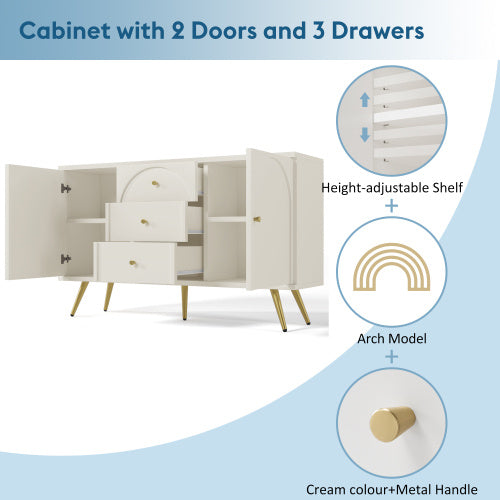 UK Local Sideboard Cabinet For Living Room, Chest Of Drawers With 2 Doors And 3 Drawers, Adjustable Shelf, Cream White, 40D X 140W X 84H CM