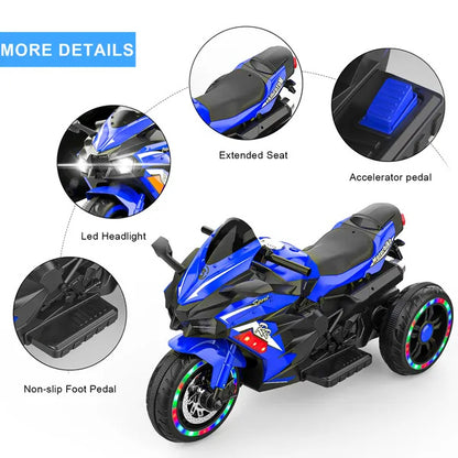 US Local Kids Powered Ride-ons Toy, Kids Motorcycle For 3-6 Years, 12V Electric Ride On Motorcycle With Light Wheel & Bluetooth Music-Blue