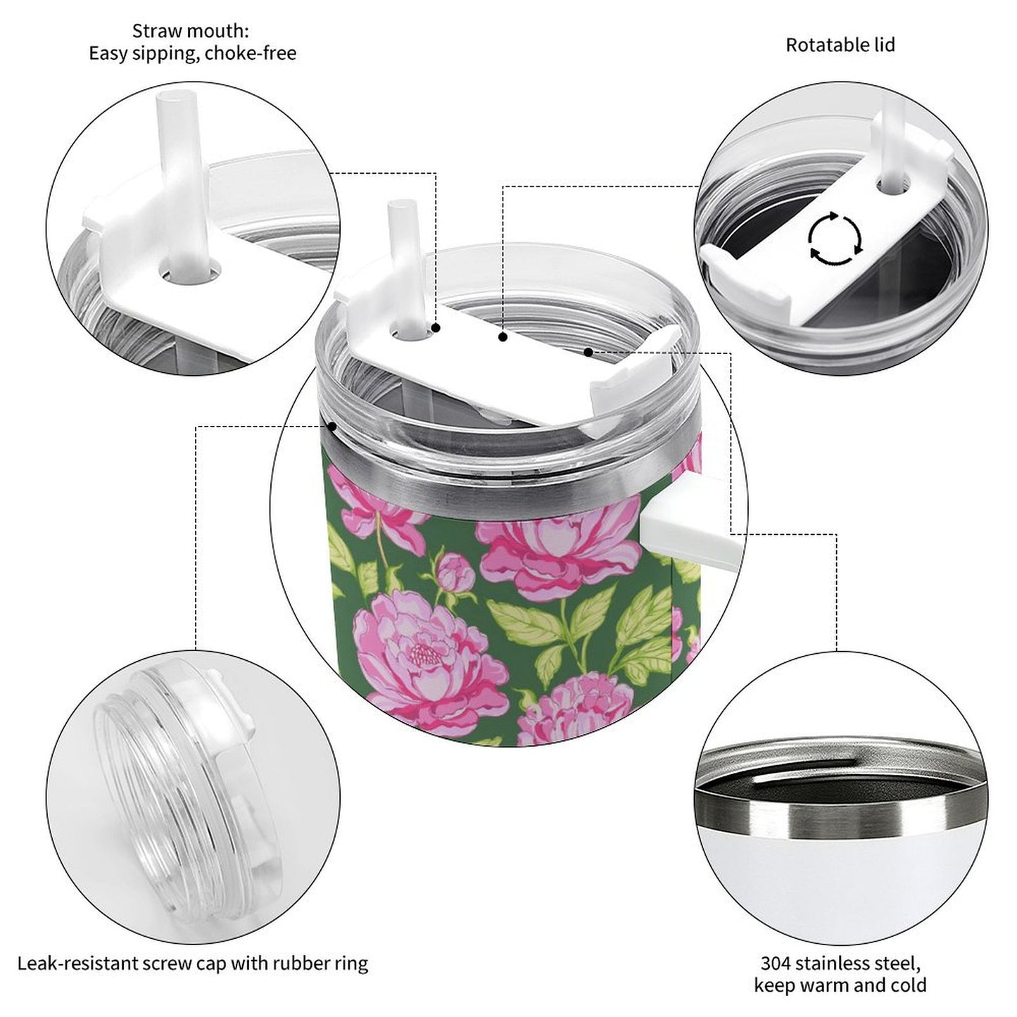 PHDT00430 POD US Local Tumbler 40 oz Large Capacity Car Cup Pink, Peony, Pink Green