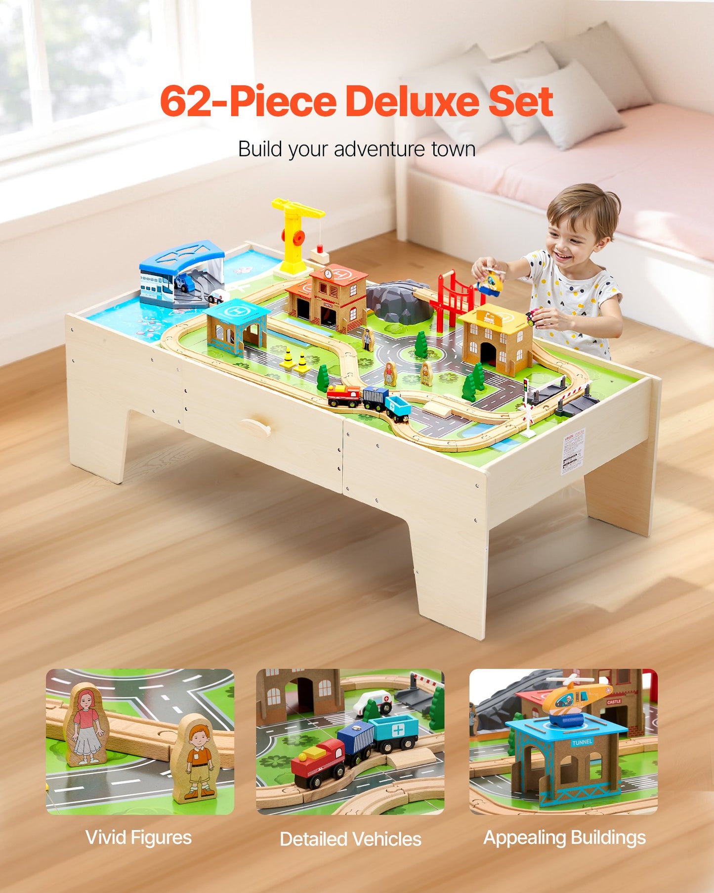 US Local Train Table 62 Pieces Wooden Kids Activity Table With Large Storage Drawer