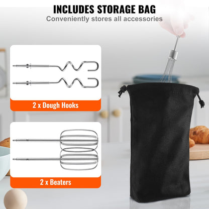 US Local VEVOR Cordless Electric Hand Mixer, 250W, Continuously Variable Electric Handheld Mixer, With Turbo Boost Beaters Dough Hooks Storage Bag, Baking Supplies For Whipping Mixing Egg Cookie Cake Cream