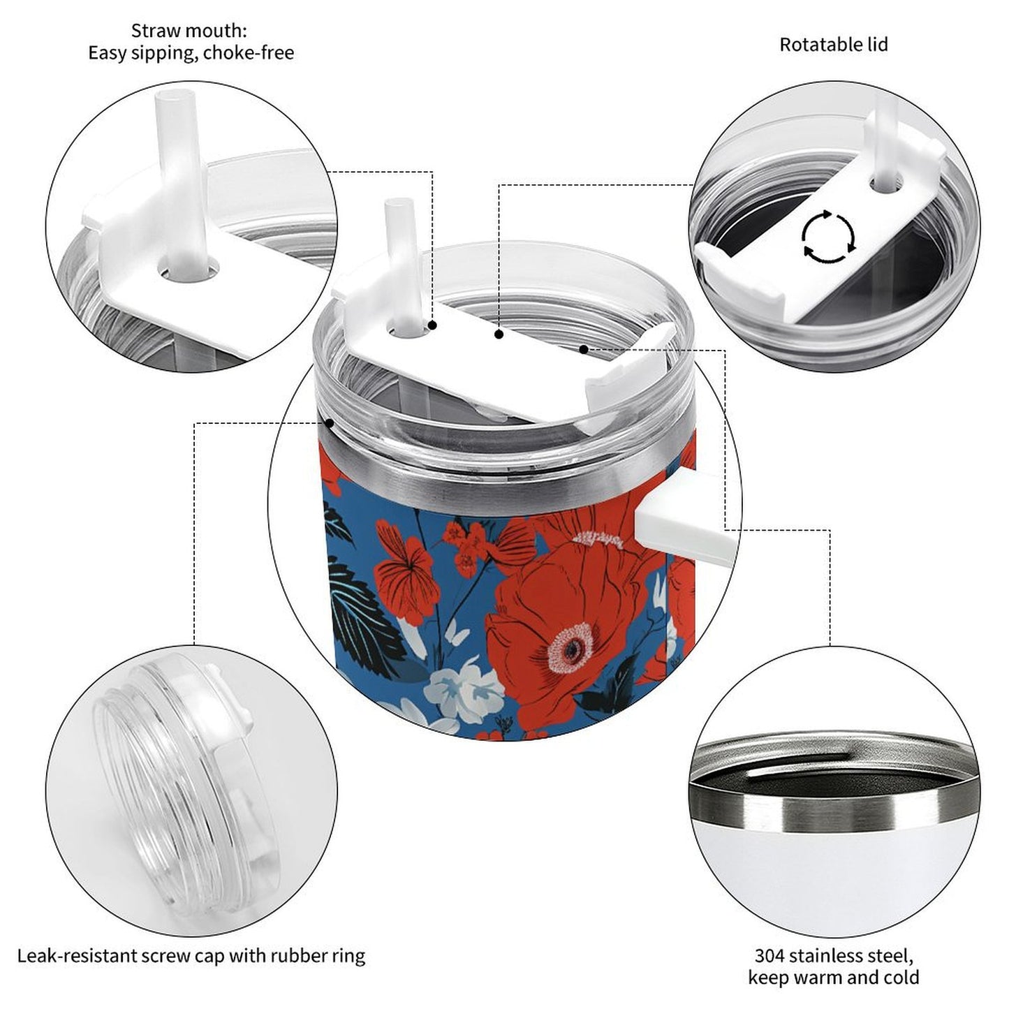 PHDT00106 POD US Local Tumbler 40 oz Large Capacity Car Cup Red Flower, Dazzling