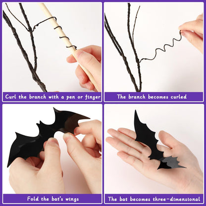 US Local Curly Willow Branches 29.5 Inch Artificial Bendable Stems Black Branches With 36Pcs Halloween Bat Stickers For Halloween Wreath Home Party Decorations
