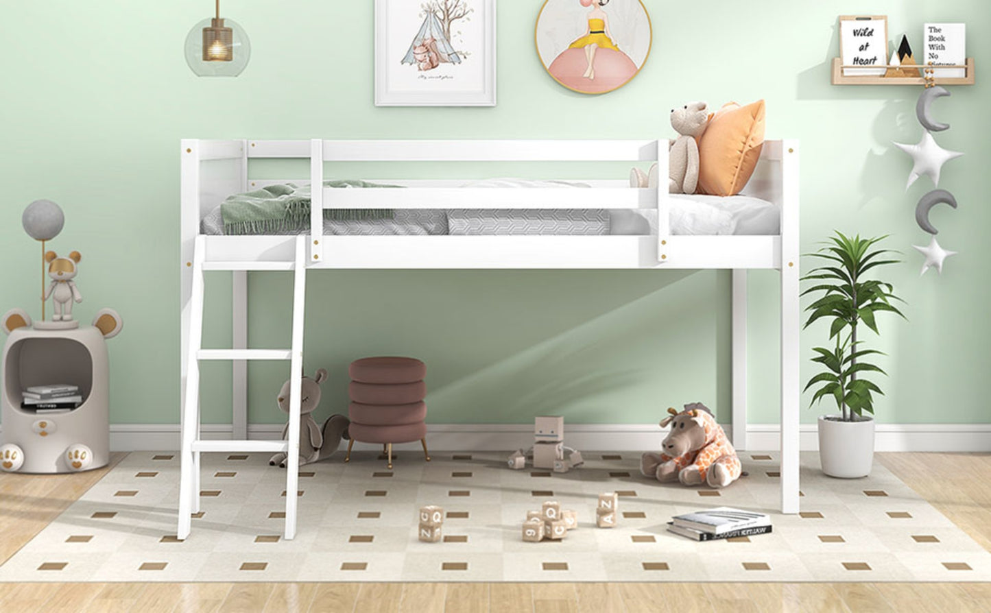 US Local Twin Size Wood Low Loft Bed With Ladder, Ladder Can Be Placed On The Left Or Right, White