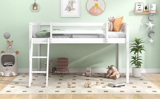 US Local Twin Size Wood Low Loft Bed With Ladder, Ladder Can Be Placed On The Left Or Right, White