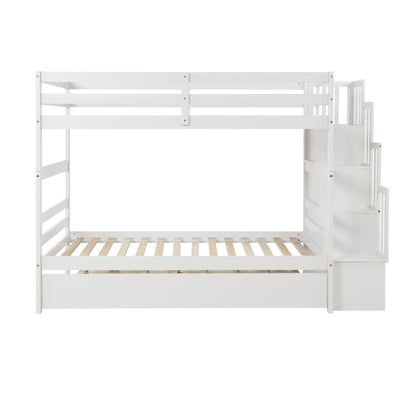 US Local Twin Bunk Beds With Trundle & Stairway Storage In White