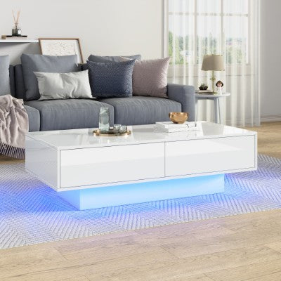 UK Local White High Gloss LED Coffee Table, Tea Table With 16 Colors LED Lights, Coffee Table With 2 Drawers Rectangular Table For Office, Store And Living Room