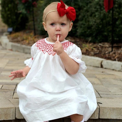US Local Infant Baby Girl Valentines Day Dress Lace Short Sleeve Round Neck White With Red Embroidery Party Dress