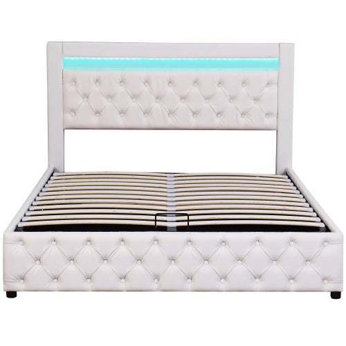UK Local Upholstered Bed 135 X 190 Cm Functional Bed With Slatted Frame And Storage Space, LED Lighting In Different Colors, White, PU