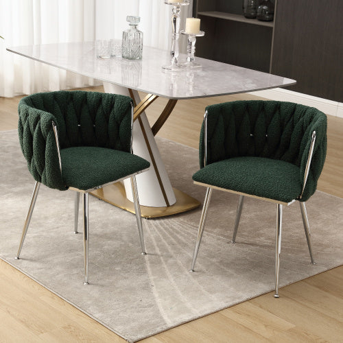 UK Local GOMYWAY Modern Hand Weaving Dining Chairs Set Of 2, Boucle Upholstered Side Chairs With Silver Legs, Kitchen Chairs With Armrest, Accent Chairs, Vanity Chairs For Dining Room Emerald, Set Of 2