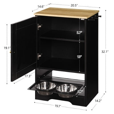 US Local Feeding Station With 1 Storage Cabinets, Pet Feeding Station With 2 Elevated Dog Bowls, Side Hooks, Anti-tip Kit, Hidden Pet Feeder Station For Feeding  Watering, Black
