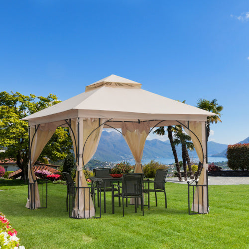 UK Local Outsunny 3 X3m Garden Gazebo Patio Party Tent Shelter Outdoor Canopy Double Tier Sun Shade Metal Frame Netting, Beige