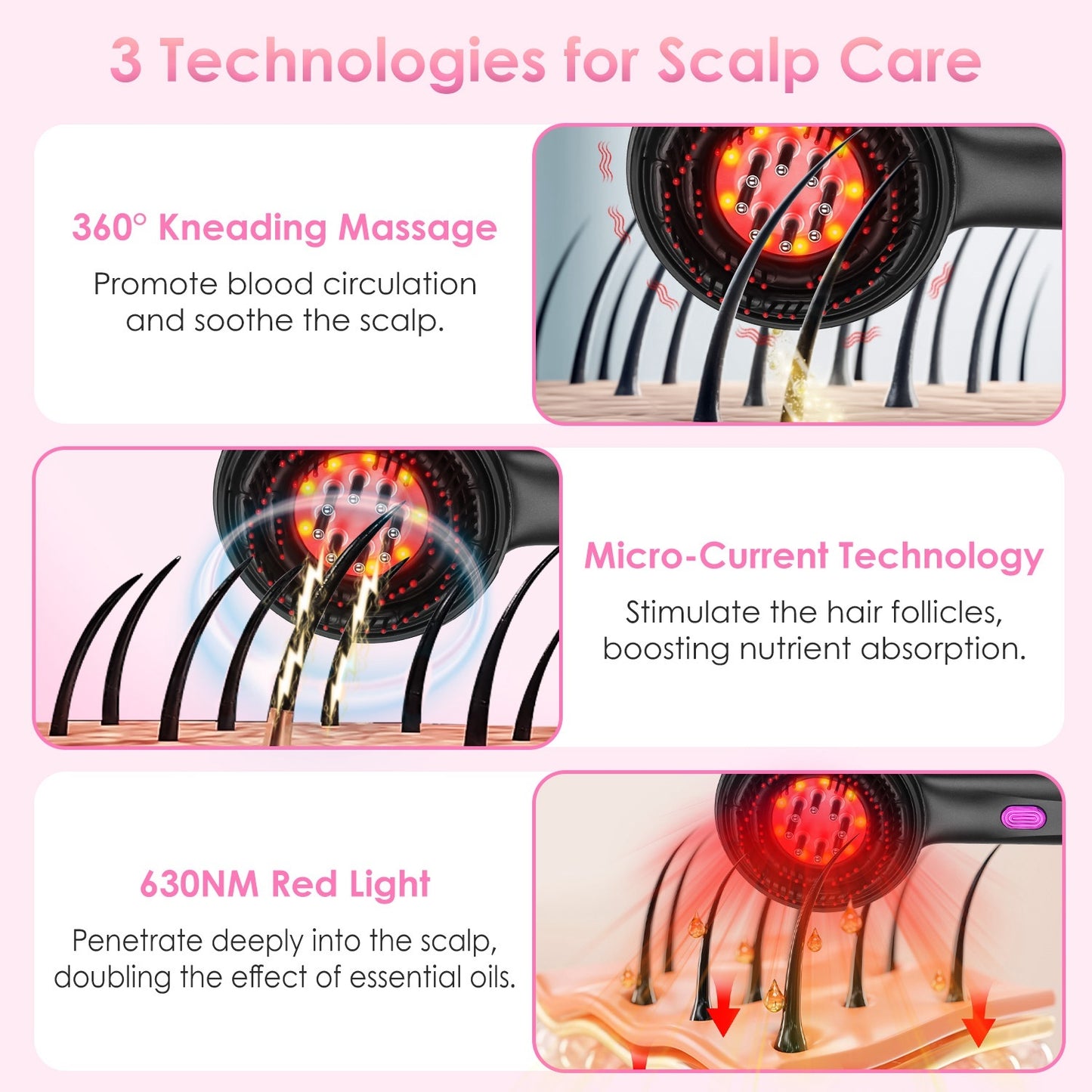 US Local 1 Set 3 In 1 Red Light Scalp Massager Brush Cordless Hair Oil Applicator Massage Comb With 3 Modes Rechargeable IPX7 Waterproof