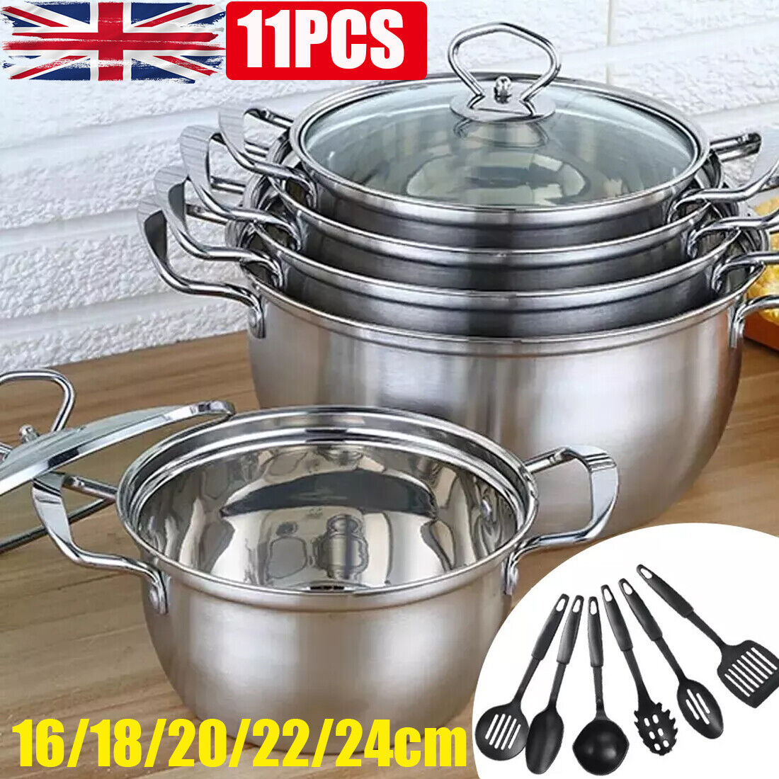 US Local 11PCS Induction Non Stick Stainless Steel Cookware Cooking Pot Pan With Lids Set