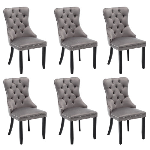UK Local Modern Set Of 6 Upholstered Velvet Dining Chairs, Button Tufted Kitchen Lounge Chairs With Brushed Wood Legs, Riveted Trim And Knocker Ring, For Dining Room Living Room