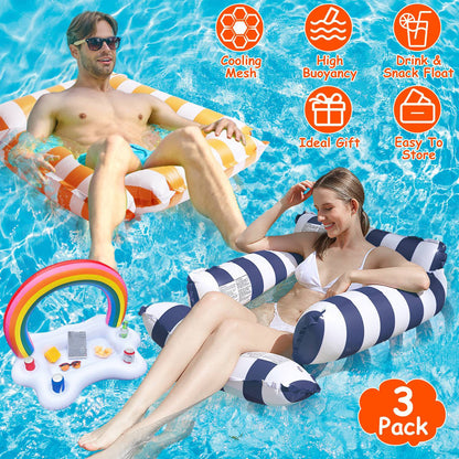 US Local Set Of 3 Pack Inflatable Pool Floats 1 Drink & Snack Float 2 Water Hammocks With High Buoyancy Pillows Cooling Mesh