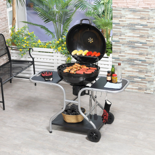UK Local Outsunny Portable Charcoal Kettle Grill Outdoor Barbecue Trolley BBQ Heat Smoker Grilling With 2 Wheels, Storage Shelf And 4 Hooks, Free Standing, Black