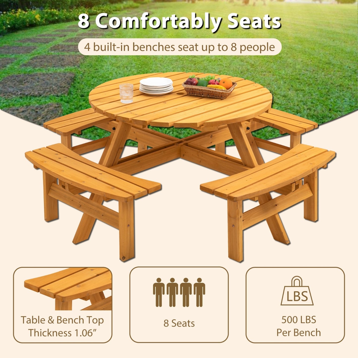 US Local 8 Person Wooden Picnic Table Outdoor Camping With 4 Built-in Benches