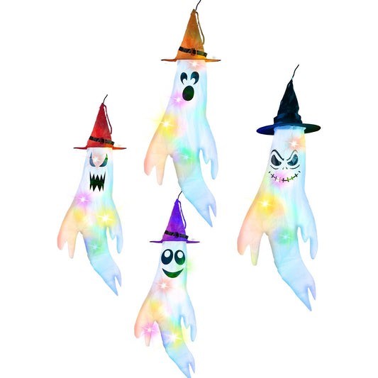 4Pcs Per Set Halloween Ghosts With Witch Hats Windsocks Hanging Decoration With Colorful LED Light Outdoor Flag Wind Socks Halloween Party Decoration For Yard Garden Tree