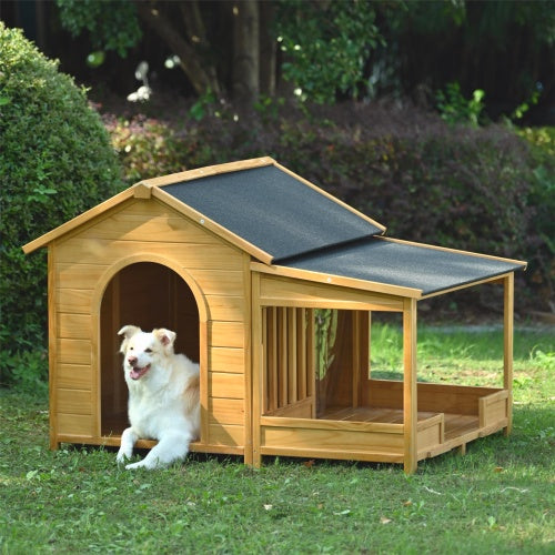 US Local 60.2 Large Wooden Dog House With Porch, Cabin Style Dog Crate With Asphalt Roof And Elevated Floor, Dog Kennel With Side Window And Doors, Perfect For Medium & Large Dogs, Nature