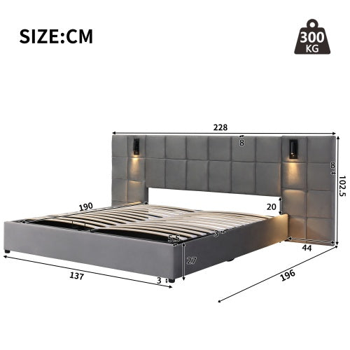 UK Local Upholstered Bed, Double Bed-4ft6 135x190cm, Hydraulic Storage Bed With Directional Lamp And USB Charging, Wide Headboard, Checkerboard Pattern, Without Bedside Tables And Mattress, Velvet, Grey