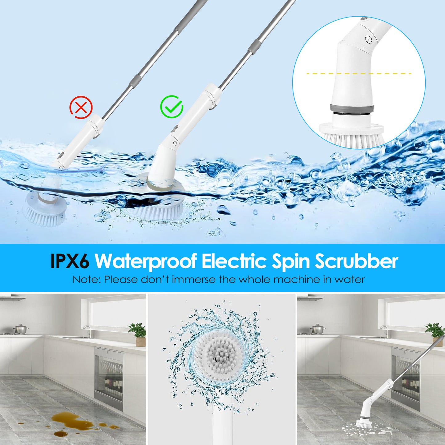 US Local 1Set Electric Spin Scrubber Cordless Rechargeable Telescopic Cleaning Brush 6 Replaceable Heads 2 Speed Adjustable Extension Arm Bathroom Tub Tile Floor