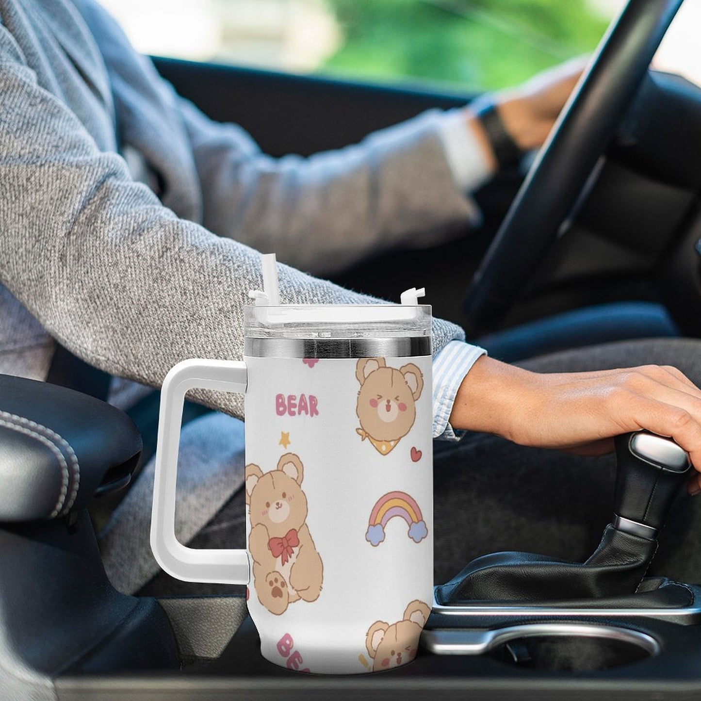 PHDT00513 POD US Local Tumbler 40oz Large Capacity Car Cup Cute, Teddy Bear, Happy