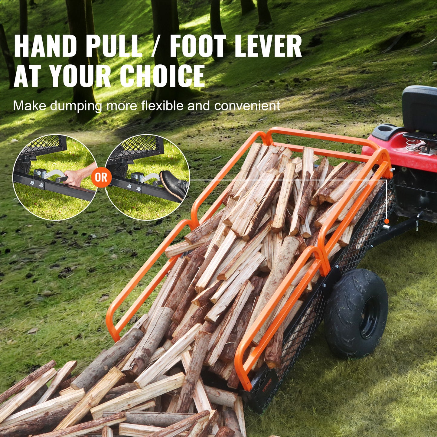 US Local VEVOR Heavy Duty Steel ATV Dump Trailer, 1500-Pound Load Capacity 15 Cubic Feet, Tow Behind Dump Cart Garden Trailer, With Removable Sides And 2 Tires, For Mowers, Tractors, ATV, UTV