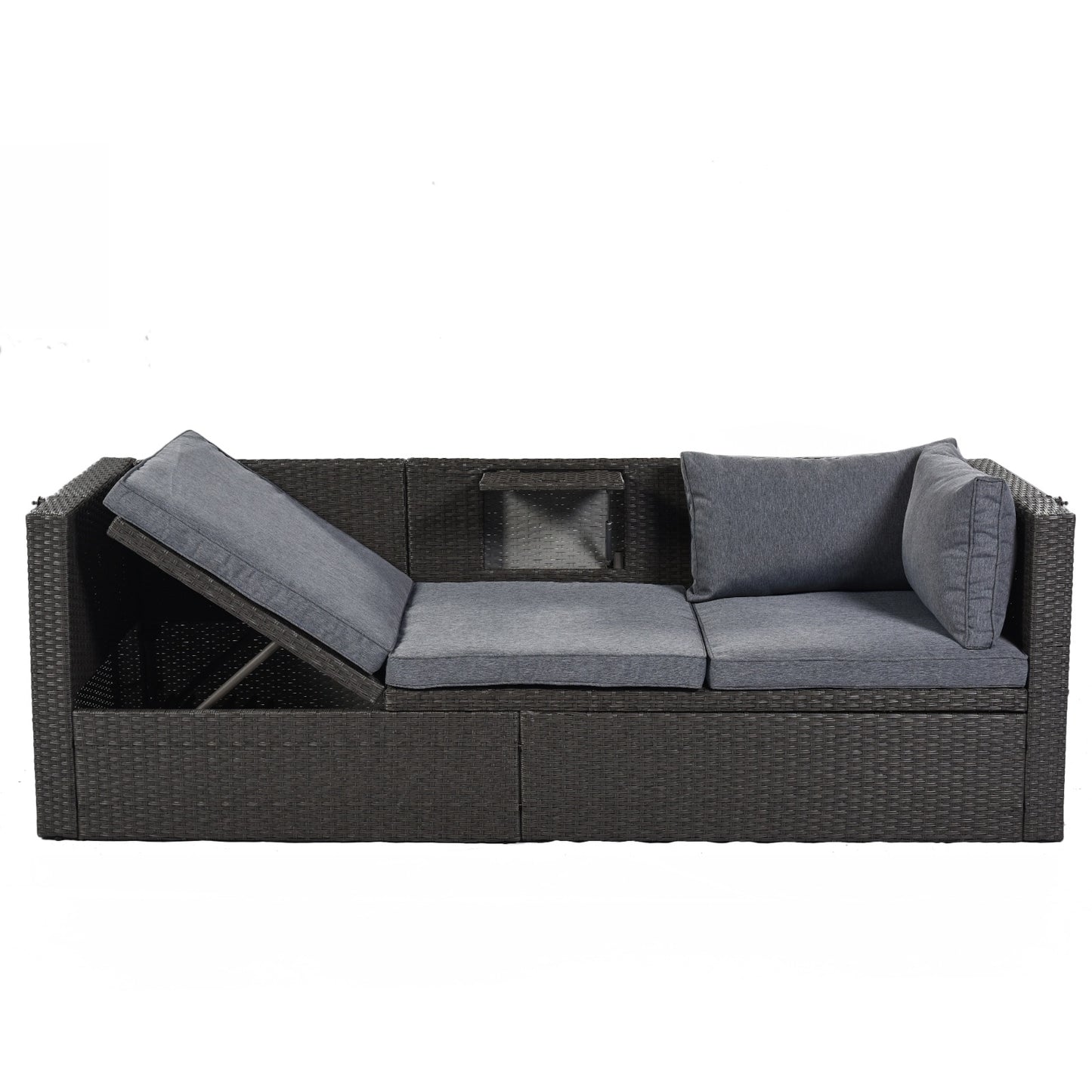 US Local U Style Patio Rectangle Daybed With Canopy, Wicker Sectional Seating