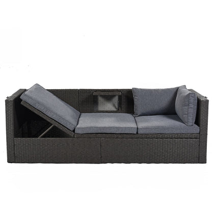 US Local U Style Patio Rectangle Daybed With Canopy, Wicker Sectional Seating