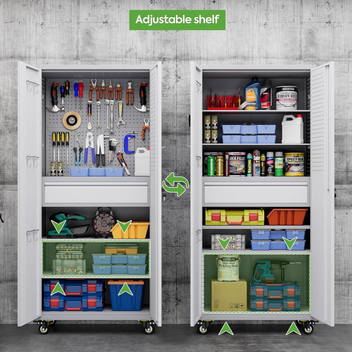 US Local Metal Garage Storage Cabinet With Wheels And Doors,Rolling Tool Cabinet With Pegboard,Rod And Drawer For Garage Warehouse Home,Required Assembly,Grey And White