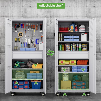 US Local Metal Garage Storage Cabinet With Wheels And Doors,Rolling Tool Cabinet With Pegboard,Rod And Drawer For Garage Warehouse Home,Required Assembly,Grey And White