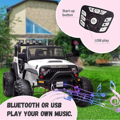US Local 48.4 Large Ride On Car For Kids, Battery Powered Electric Car With 2 Seats, Remote Control, 14 Large Suspension Wheels, LED Lights, Music, Bluetooth For Boys & Girls,white
