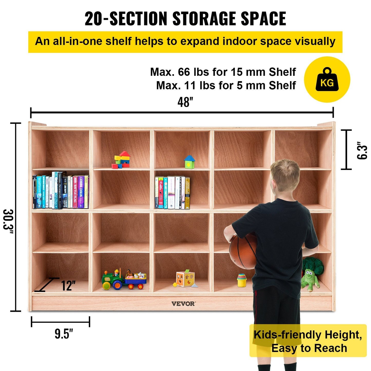 US Local VEVOR Cubby Wooden Storage Unit 20 Cubby Storage Unit Classroom 30 Inch High Plywood Wooden Cubbies For Classroom