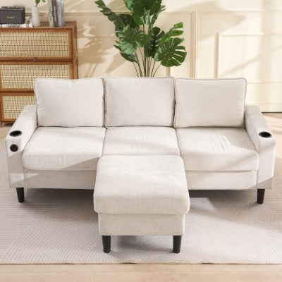 UK Local L-Shaped Couch Sofa, Corner Sofa 3 Seater Sofa, Sectional Sofa Couches With USB, Cup Holder, For Apartment Living Room Beige