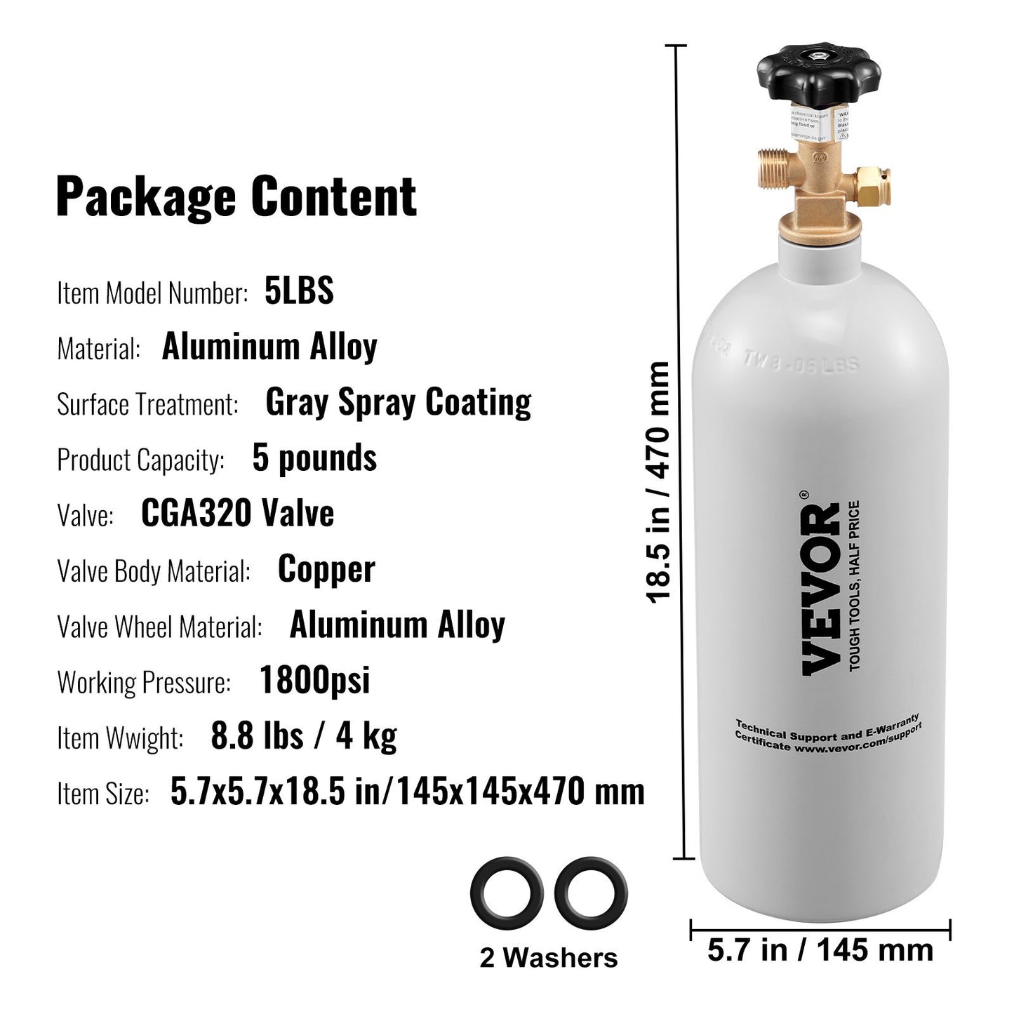 US Local VEVOR 5 Lbs CO2 Tank Aluminum Gas Cylinder, Brand New CO2 Cylinder With Gray Spray Coating, CO2 Tank With CGA320 Valve, For Draft Soda Beer