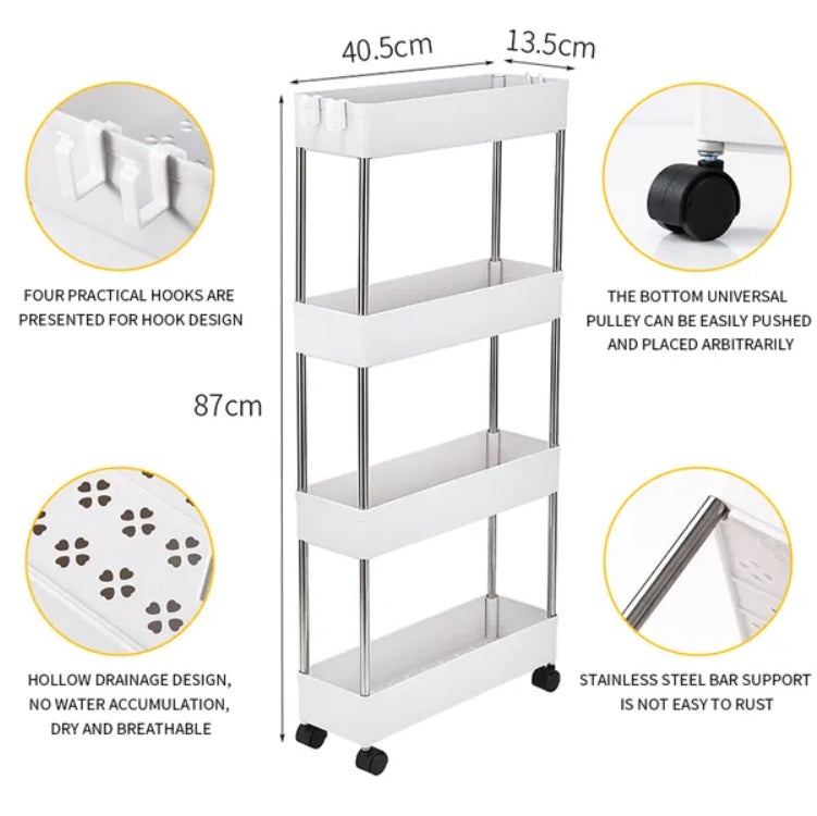 US Local 4 Tier Slim Storage Cart Mobile Shelving Unit Organizer Slide Out Storage Rolling Utility Cart Tower Rack For Kitchen Bathroom Laundry Narrow Places, Plastic & Stainless Steel, White