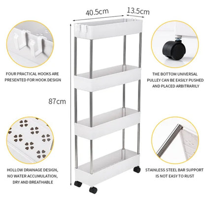 US Local 4 Tier Slim Storage Cart Mobile Shelving Unit Organizer Slide Out Storage Rolling Utility Cart Tower Rack For Kitchen Bathroom Laundry Narrow Places, Plastic & Stainless Steel, White