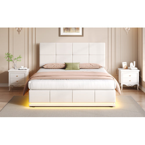 UK Local Ottoman Double Bed With LED Lighting, PU Leather Upholstered Bed With Hydraulic Storage, 4ft6 Double Bed Frame With Adjustable Square Tufted Headboard, Cream White