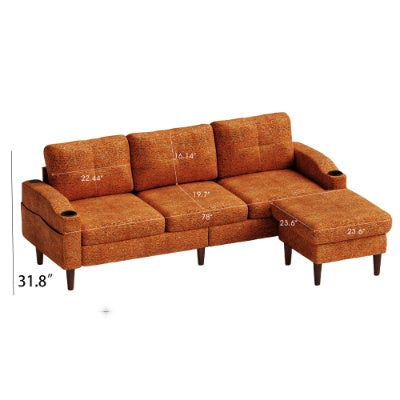 US Local Convertible Combination Sofa Sofa L Shaped Sofa With Footstools With Storage,Orange Sofa For Living Room, Living Room Bedroom Office Small Space 3 Seater Combination Sofa