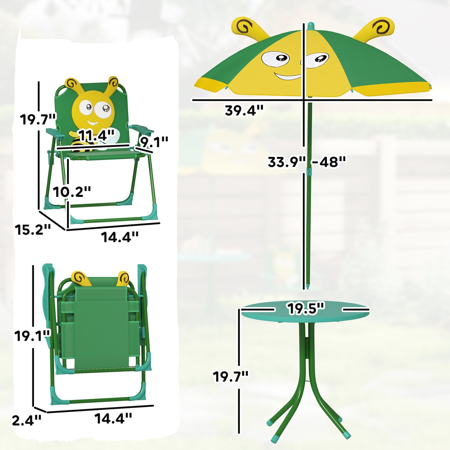 US Local Kids Picnic Table And Chair Set, Outdoor Activity Table With Foldable Chairs, Height Adjustable Umbrella, Green
