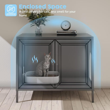 METAN Cat Litter Box Enclosure, Metal Cat Washroom Furniture With Barn Door, Pet House, Fit Most Of Litter Box,Black,Assembly Required