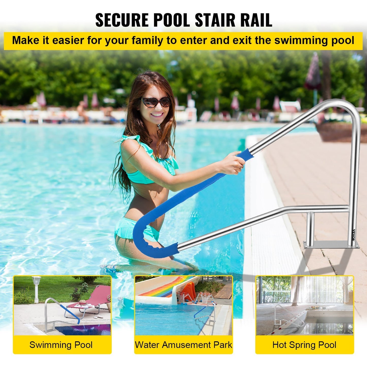 VEVOR Pool Rail 55x32 Pool Railing 304 Stainless Steel 250LBS Load Capacity Silver Rustproof Pool Handrail Humanized Swimming Pool Handrail With Blue Grip Cover & M8 Drill Bit & Self-Taping Screws
