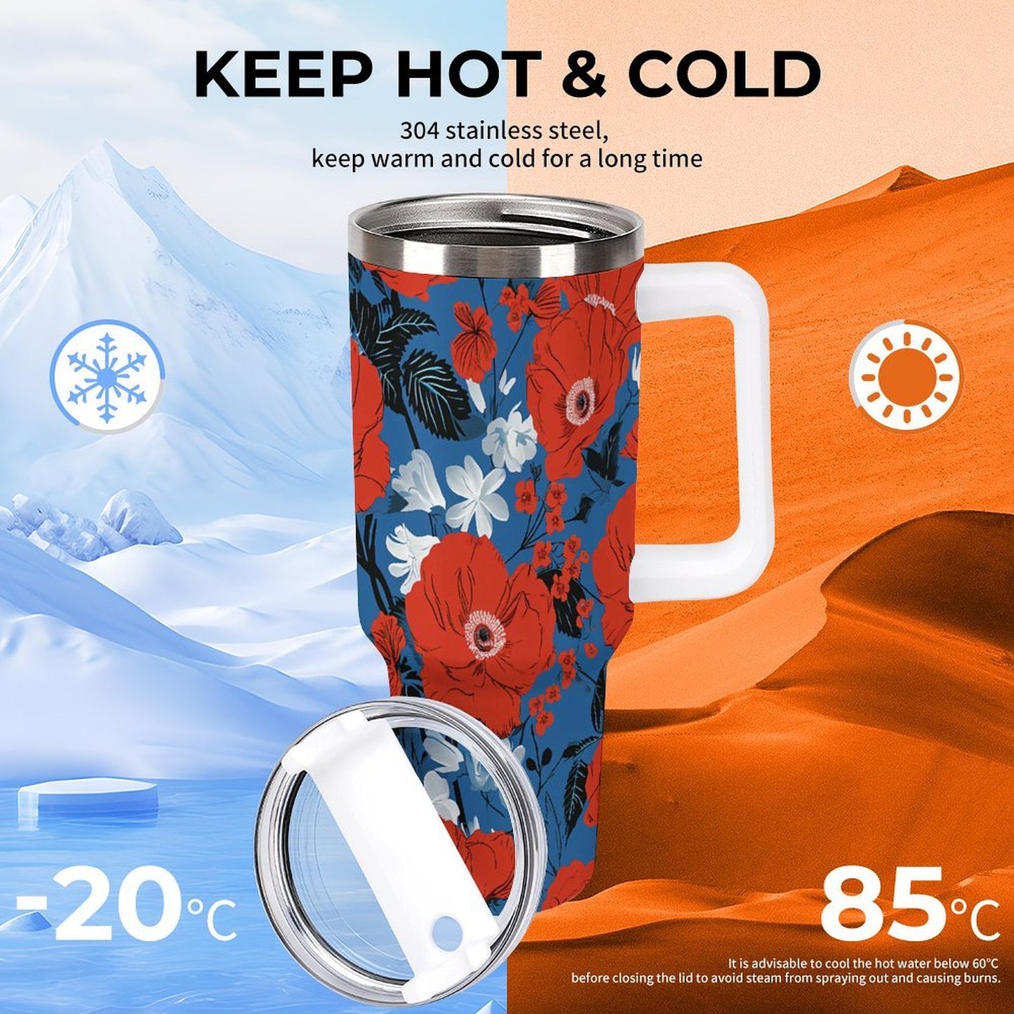 PHDT00106 POD US Local Tumbler 40 oz Large Capacity Car Cup Red Flower, Dazzling