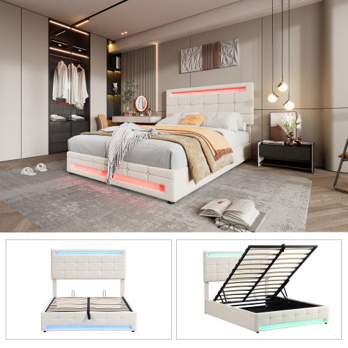 UK Local Upholstered Bed, Hydraulic Bed, Adults Teenagers 4ft6 Double Bed 135x190cm, Square Embellishment, With 7colors LED-light Strips, Velvet Iron, Beige