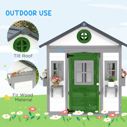 US Local Wooden Playhouse For Kids Outdoor With Doors, Windows, Planter Pots And Boxes For Toddlers 3-8 Years, White